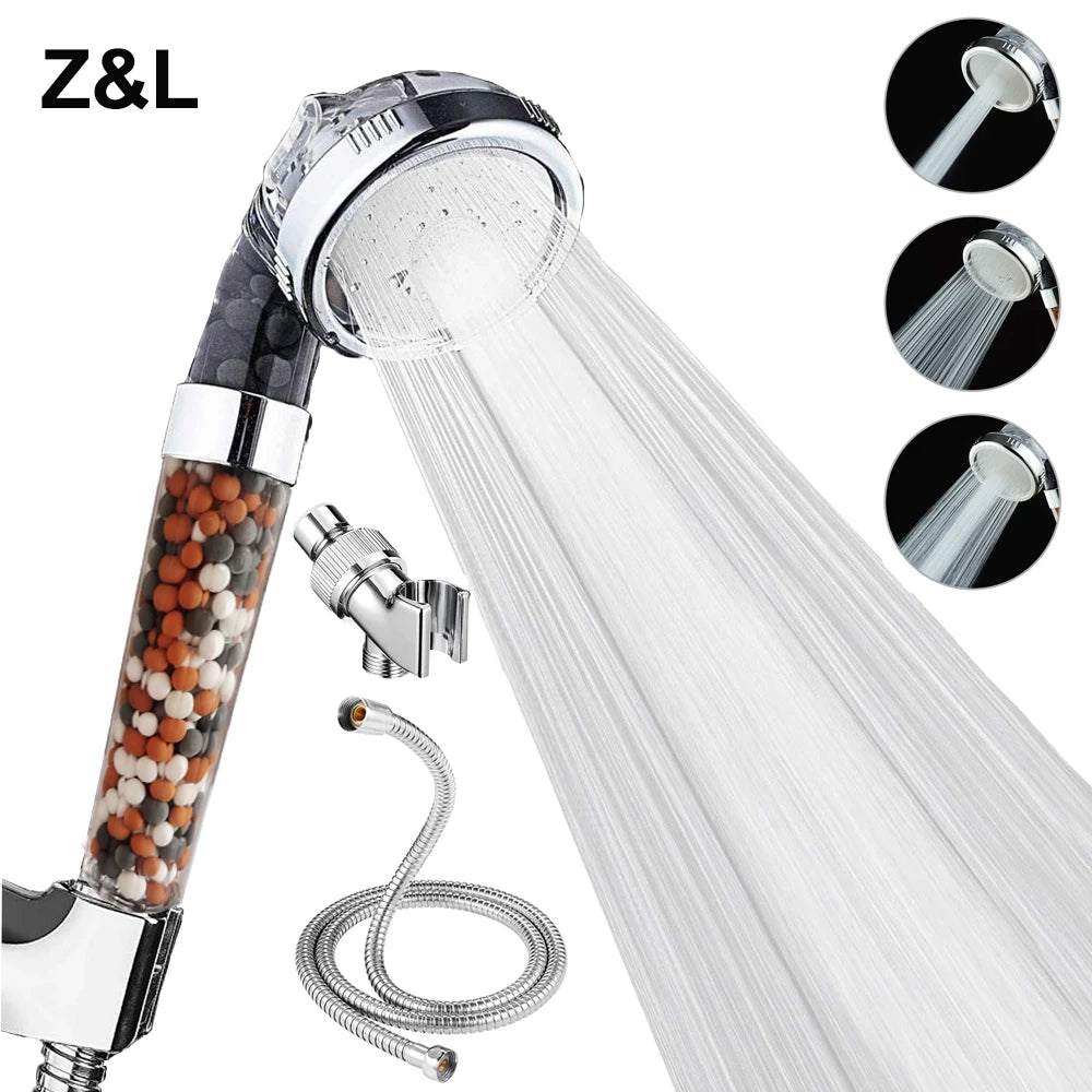 Z&L Bathroom Pressurized Anion Mineral Balls 3 Modes Adjustable High Pressure Hand Filter Spa Shower Head Set with Hose Bracket