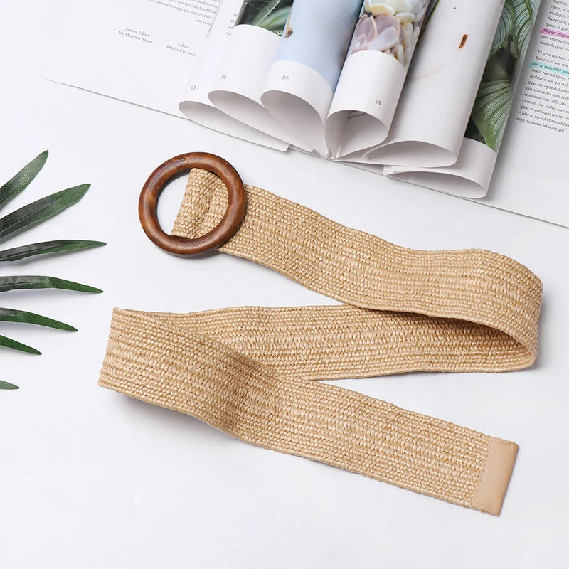 1PC Women Fashion Casual Straw Belt Round Wooden Buckle Elastic Waist Chain Belly Necklace Body Jewelry Dress Shirt Accessories