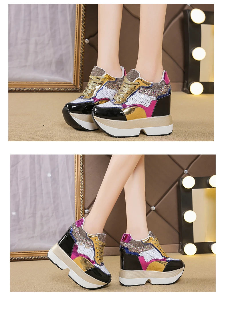 Fashion White Sneakers Women's High Platform Casual Shoes Height Increasi Leathe Shoes 10 CM Thick Sole Trainers Tennis Sports