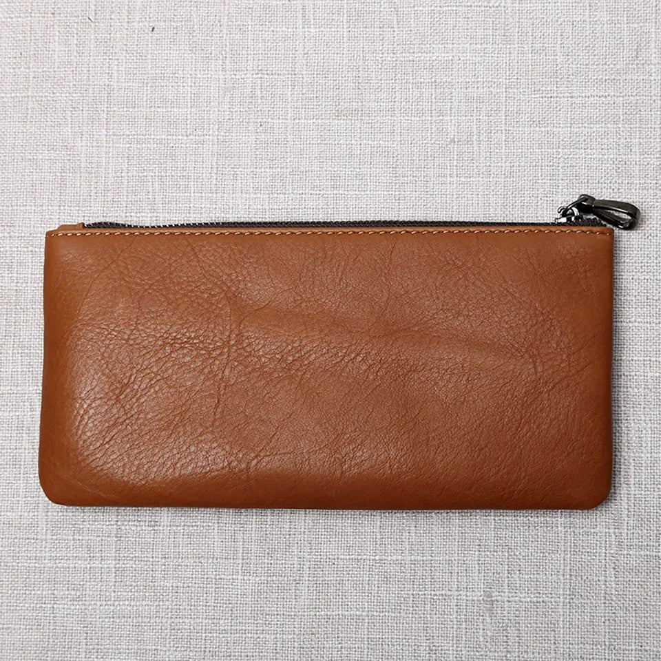 ZRCX Men's Genuine Leather Long Zipper Wallet First Layer Cowhide Youth Ultra-Thin Handbag Wallet Trendy Brand Simple Wallet