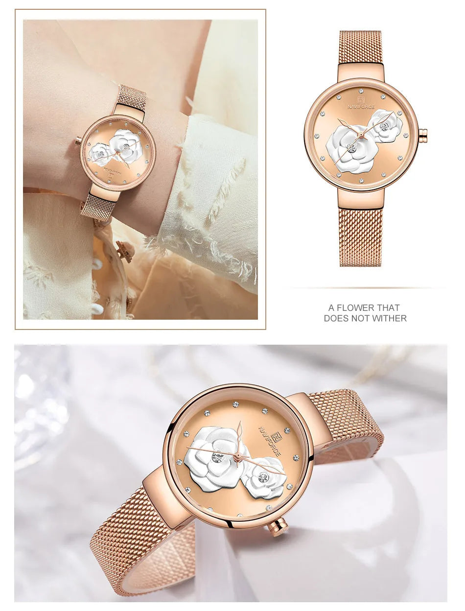 Reloj para mujer NAVIFORCE, marca de lujo superior, malla de acero, resistente al agua, relojes para mujer, reloj de pulsera femenino de cuarzo con flores, reloj encantador para chica.