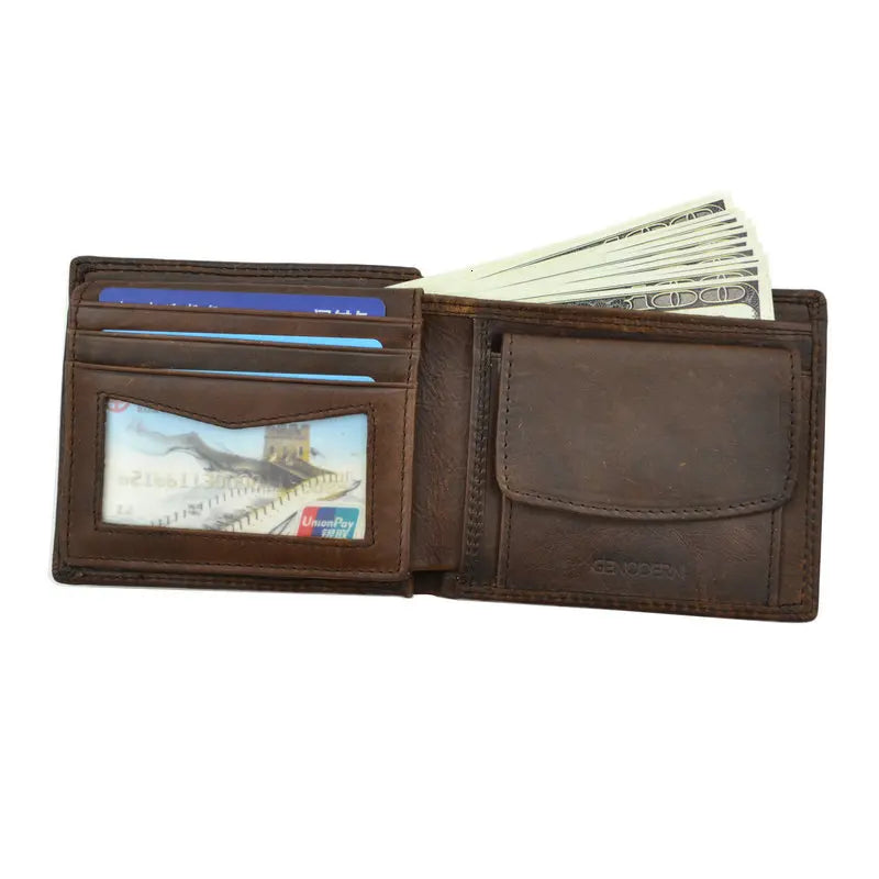 GENODERN Cow Leather Men's Wallets with Coin Pocket Vintage Male Purse RFID Blocking Genuine Leather Men's Wallet with Card Holders