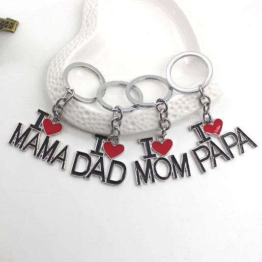 Llavero con letras huecas "Amo a mamá, mamá, papá y papá" para mujeres y hombres, joyería, mochila, llavero, regalos para el Día del Padre y el Día de la Madre.