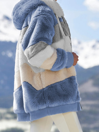 Women Fall Winter Warm Plush Hooded Coat Contrast Color Long Sleeve Zip Up Thick Cardigan Jacket 2021 E-Girls Streetwear Outwear