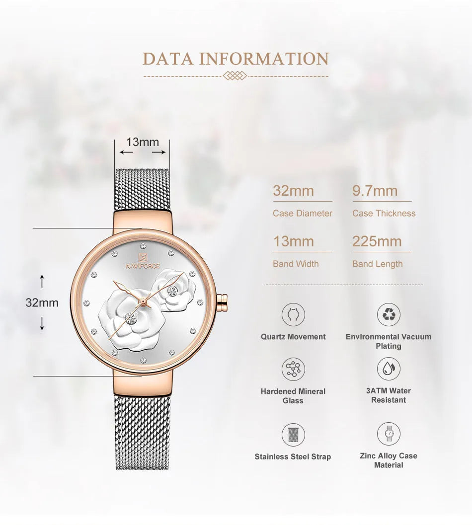 Reloj para mujer NAVIFORCE, marca de lujo superior, malla de acero, resistente al agua, relojes para mujer, reloj de pulsera femenino de cuarzo con flores, reloj encantador para chica.