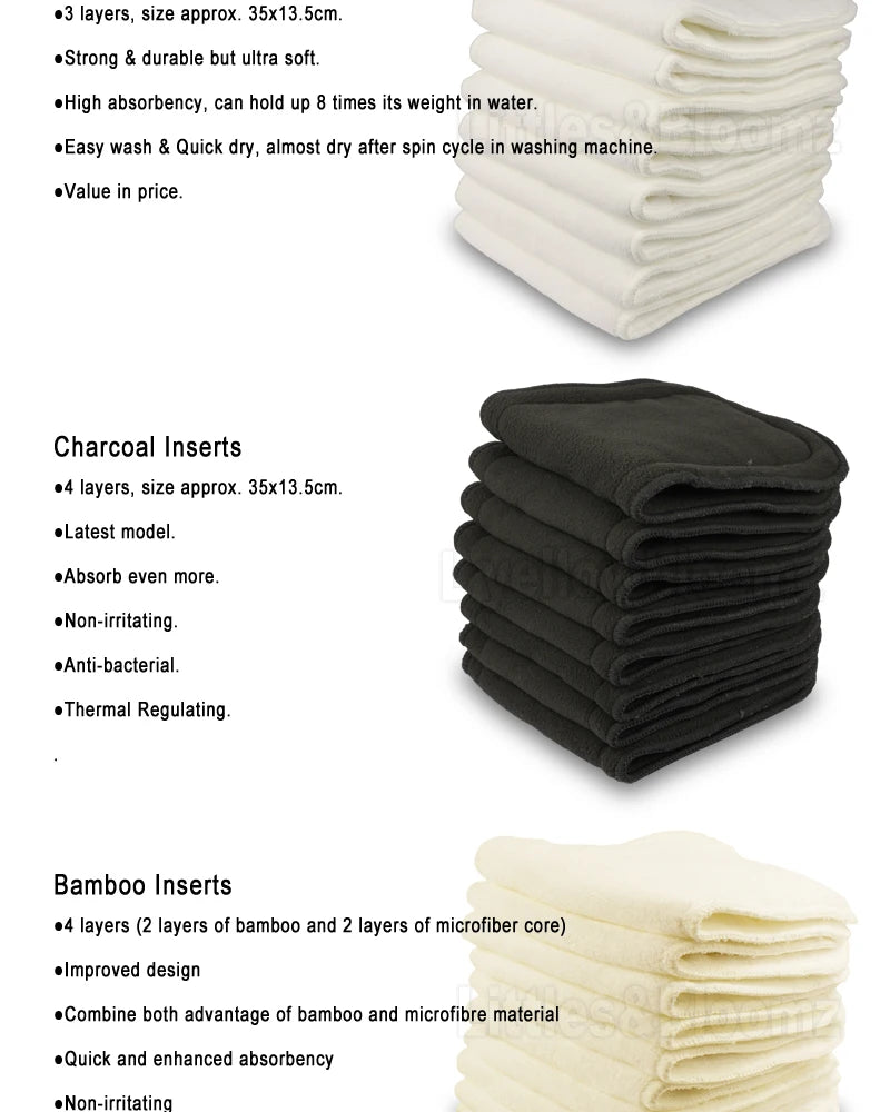 [Littles&amp;Bloomz] Insertos lavables reutilizables, protectores de refuerzo para pañales de tela de bolsillo real, inserto de microfibra de carbón de bambú
