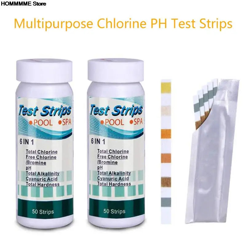 Tiras de prueba de cloro y pH multiusos 6 en 1, 50 unidades por botella, para piscinas y spas.