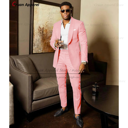 Blue Shawl Lapel Suit Male 2 Pieces Tailored Groom Wedding Suits Tuxedo Best Man Blazer Pants Trendy Fashion Marriage Costume