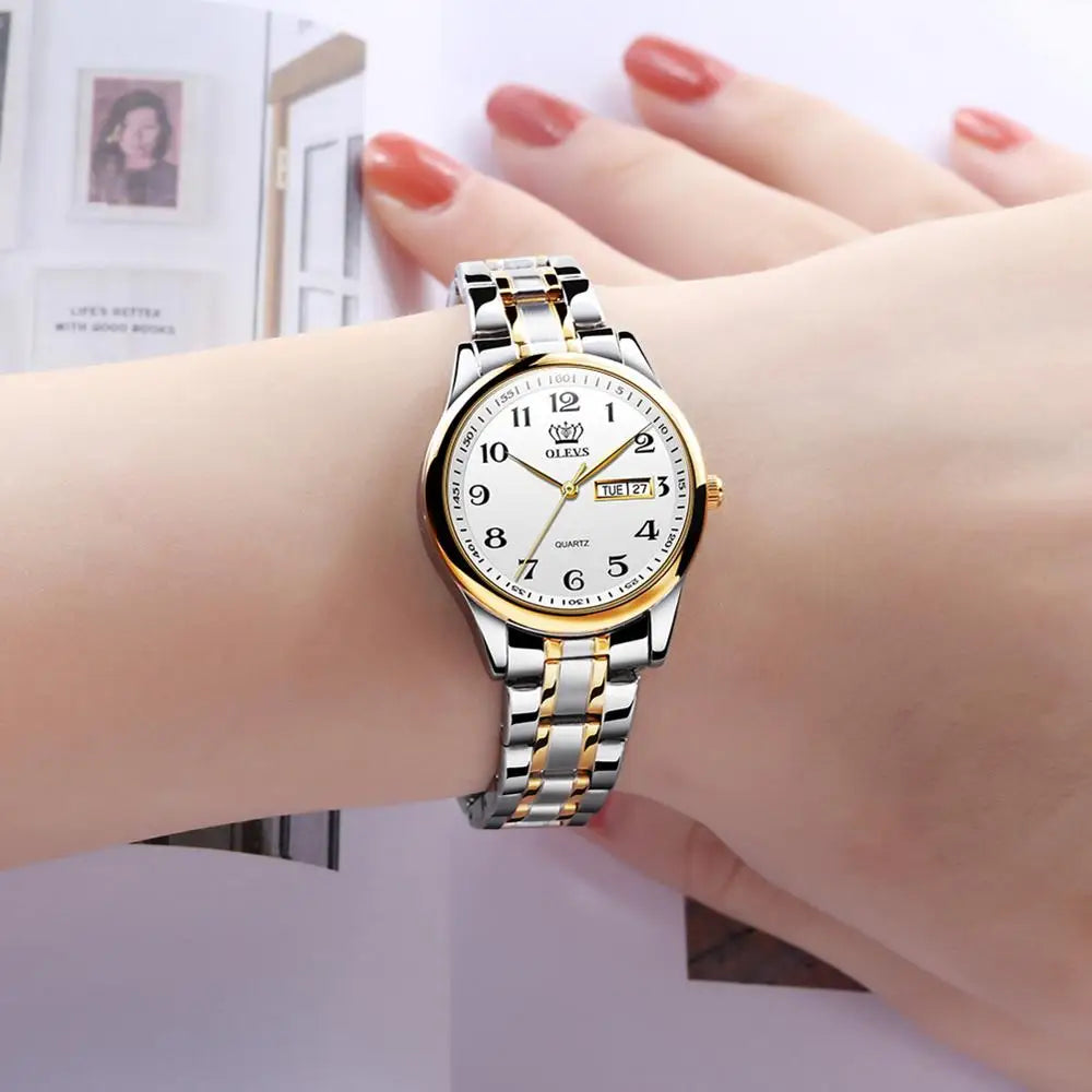 Relogio feminino de luxo bicolor aço inoxidavel e calendario duplo