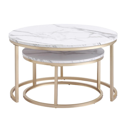 2Pcs Marble Texture Coffee Table for Living Room Sofa Side Round Coffee Tea Table 2 in 1 Combination Furniture Golden White