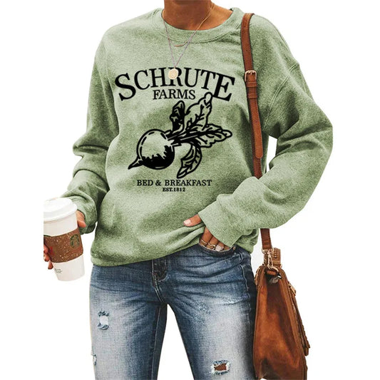 Schrute Farms-sudaderas con estampado de desayuno para mujer, sudaderas con capucha de cuello redondo, jersey con gráfico de rábano, sudadera informal para mujer