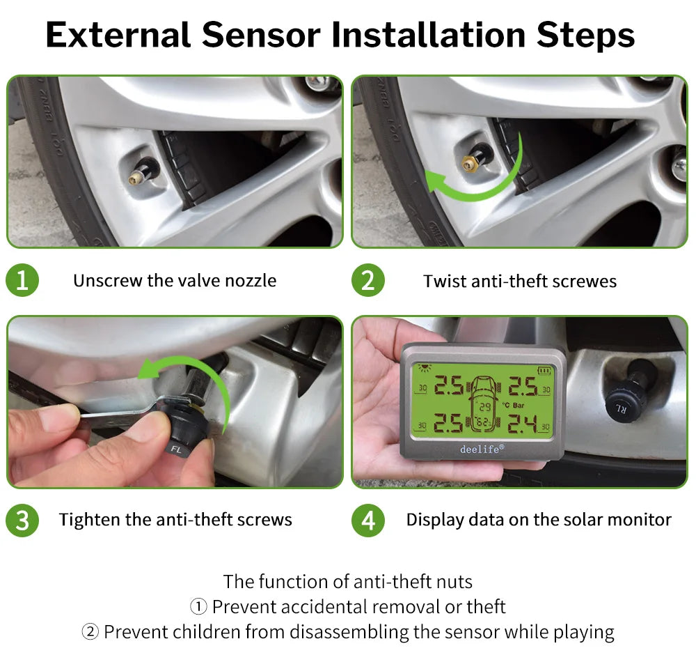 Deelife Car Tire Pressure Monitoring System Solar TPMS Tire Pressure Monitor Tire Pressure Control System