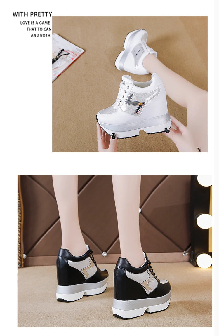 Fashion White Sneakers Women's High Platform Casual Shoes Height Increasing Leather Shoes 10 CM Thick Sole Trainers Tennis Sports