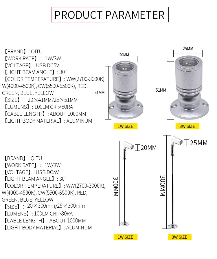 Mini foco LED de 1 W/3 W para exhibición de joyas, DC5V, con interruptor, interfaz USB, para tienda, armario, juguetes de interior, decoración, foco de mesa. 