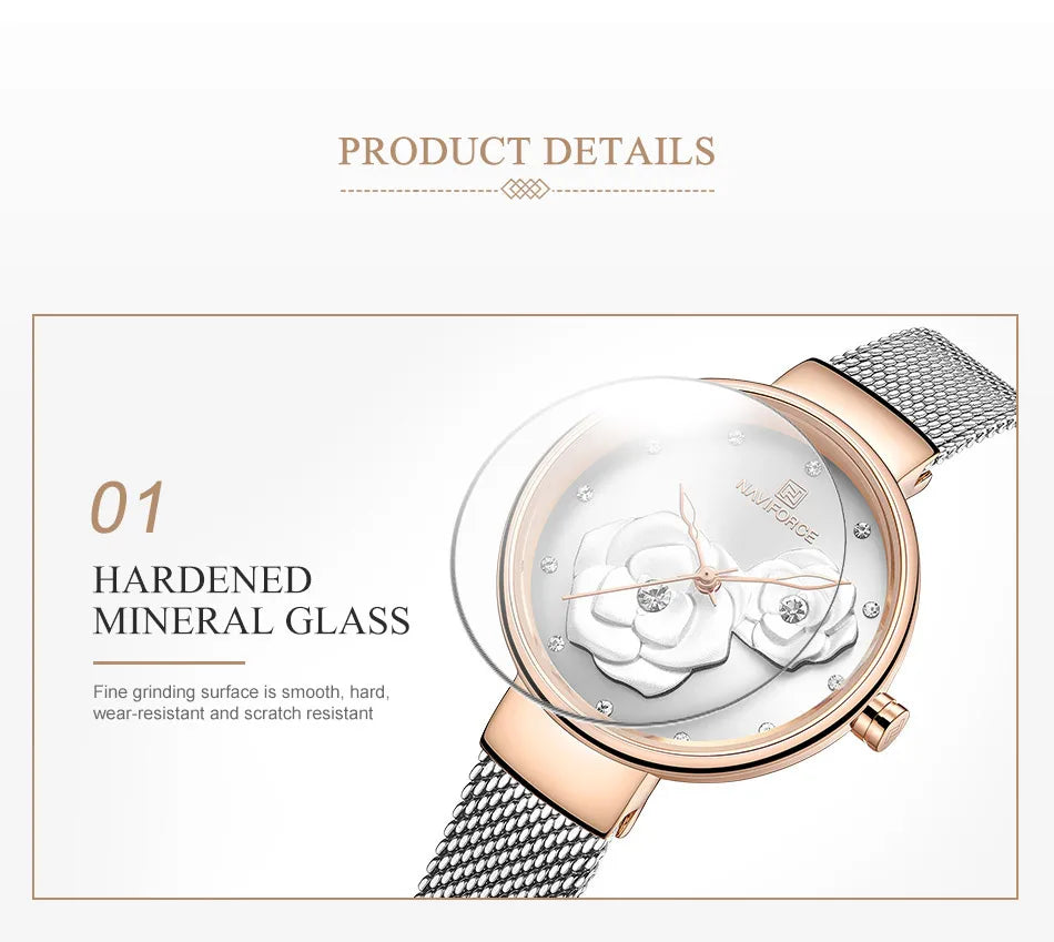 Reloj para mujer NAVIFORCE, marca de lujo superior, malla de acero, resistente al agua, relojes para mujer, reloj de pulsera femenino de cuarzo con flores, reloj encantador para chica.