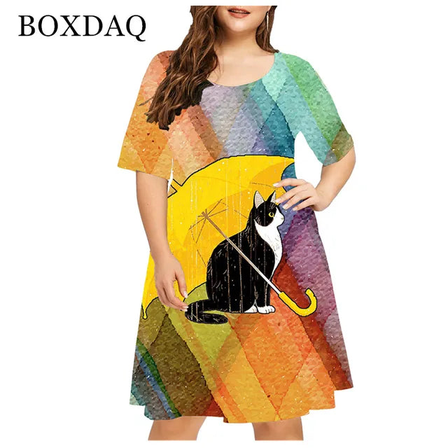 2021 Summer New Cute Cat Print Dress Women Short Sleeve Casual Mini Dress Ladies Streetwear Fashion Female Clothing Plus Size 4XL 