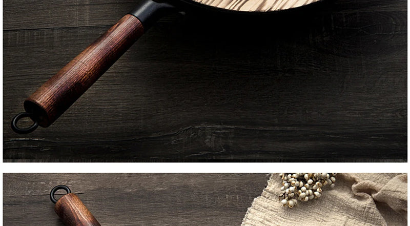 Konco Pure Iron wok cast iron pan Non-coated Pot General use for Gas and Induction Cooker 32cm Chinese Wok Cookware Pan