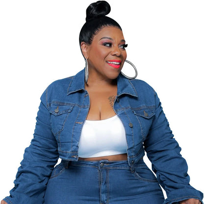 Plus Size Sets Clothing Women Two Piece Set Fall Outfits Long Sleeve Denim Coat and Jeans Stacked Pant Dropshipping Wholesale