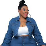 Plus Size Women's Two Piece Set Fall Outfits Long Sleeve Denim Coat and Jeans Stacked Pant Dropshipping Wholesale