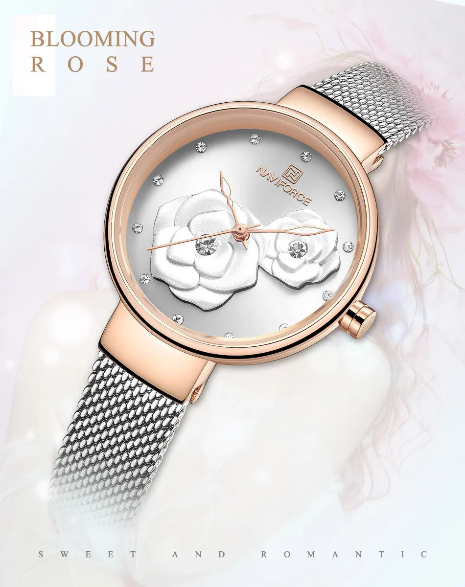 Reloj para mujer NAVIFORCE, marca de lujo superior, malla de acero, resistente al agua, relojes para mujer, reloj de pulsera femenino de cuarzo con flores, reloj encantador para chica.