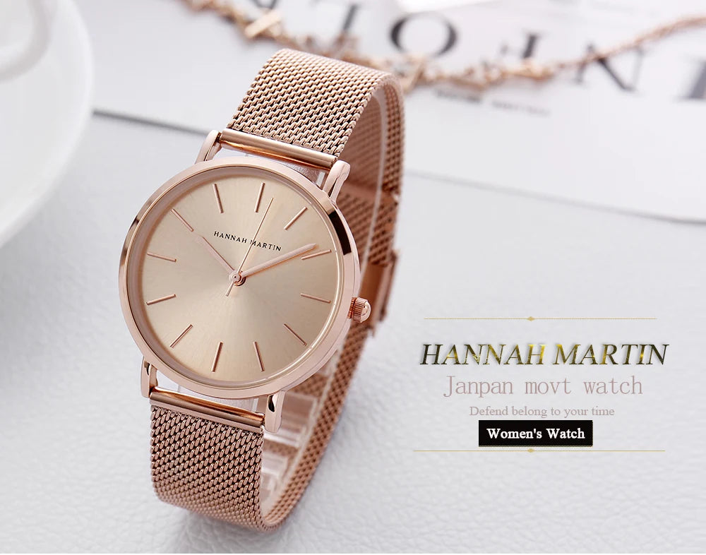 HANNAH MARTIN Women Watch Nordic Minimalist Japan Quartz Movement 3Bar Waterproof Women 36mm Full Rose Gold Dropshipping Watches