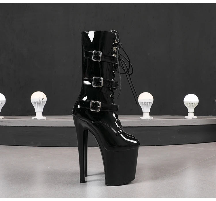 Nightclub Platform Women's Shoes 8 Inch Pole Dancing Pumps 20CM Thin High Heels Mid Tube Boots Design Buckle Sexy Stripper Show