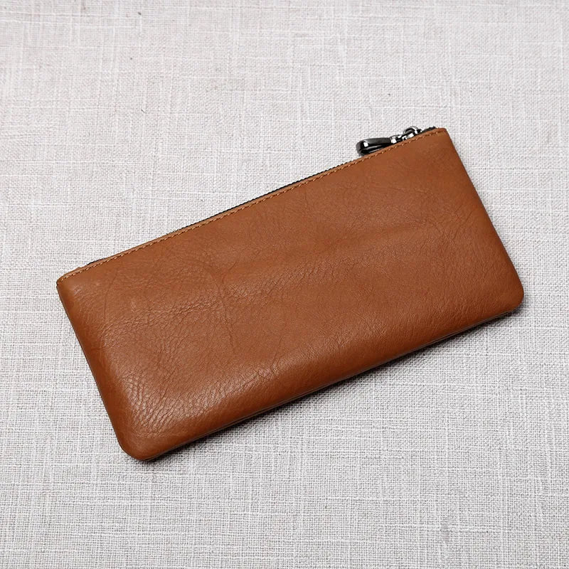 ZRCX Men's Genuine Leather Long Zipper Wallet First Layer Cowhide Youth Ultra-Thin Handbag Wallet Trendy Brand Simple Wallet