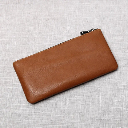 ZRCX Men's Genuine Leather Long Zipper Wallet First Layer Cowhide Youth Ultra-Thin Handbag Wallet Trendy Brand Simple Wallet