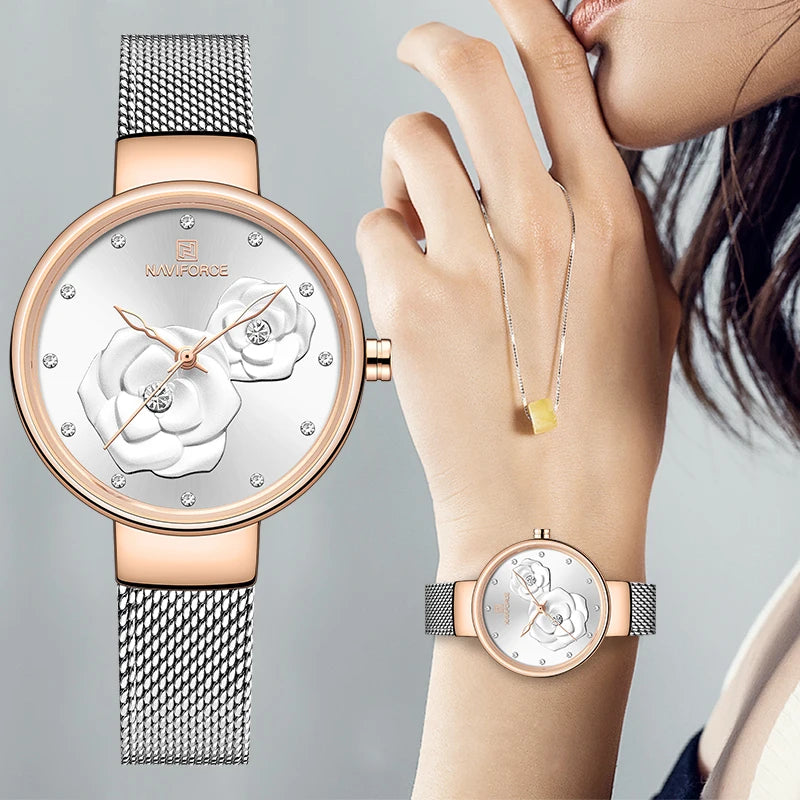 Reloj para mujer NAVIFORCE, marca de lujo superior, malla de acero, resistente al agua, relojes para mujer, reloj de pulsera femenino de cuarzo con flores, reloj encantador para chica.