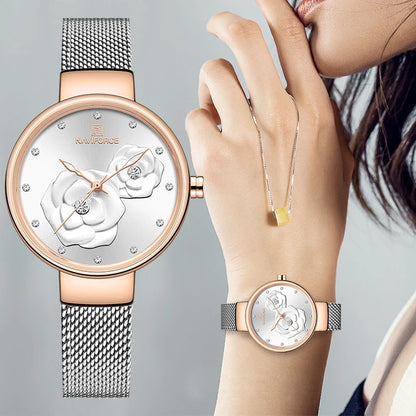 Reloj para mujer NAVIFORCE, marca de lujo superior, malla de acero, resistente al agua, relojes para mujer, reloj de pulsera femenino de cuarzo con flores, reloj encantador para chica.