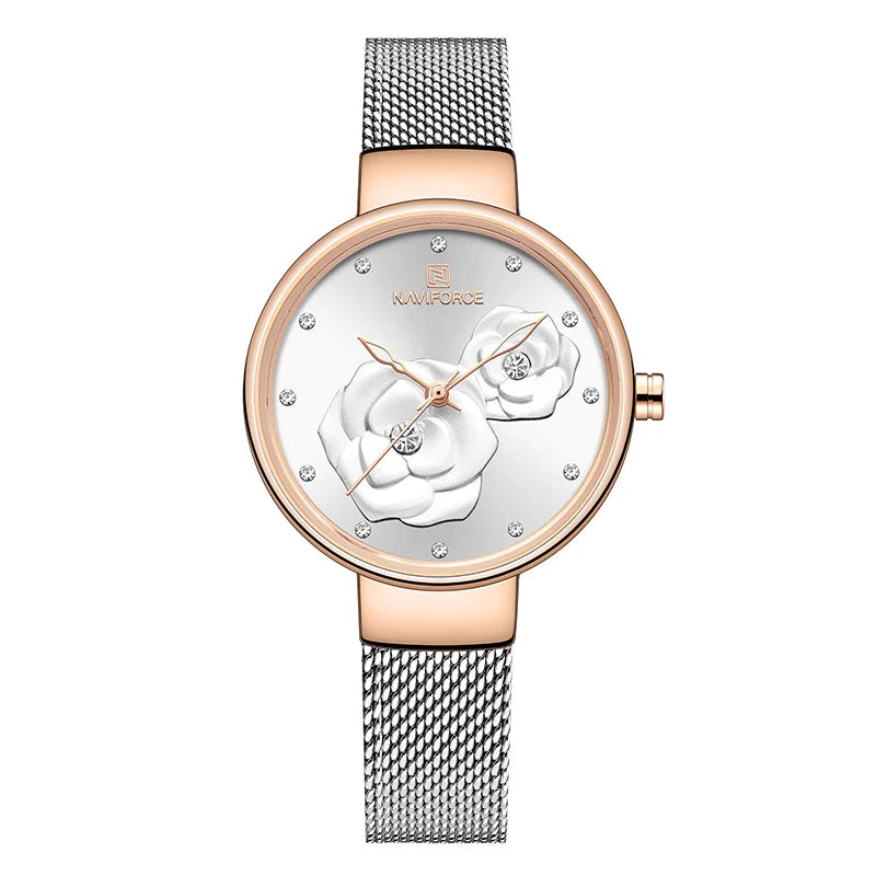 Reloj para mujer NAVIFORCE, marca de lujo superior, malla de acero, resistente al agua, relojes para mujer, reloj de pulsera femenino de cuarzo con flores, reloj encantador para chica.