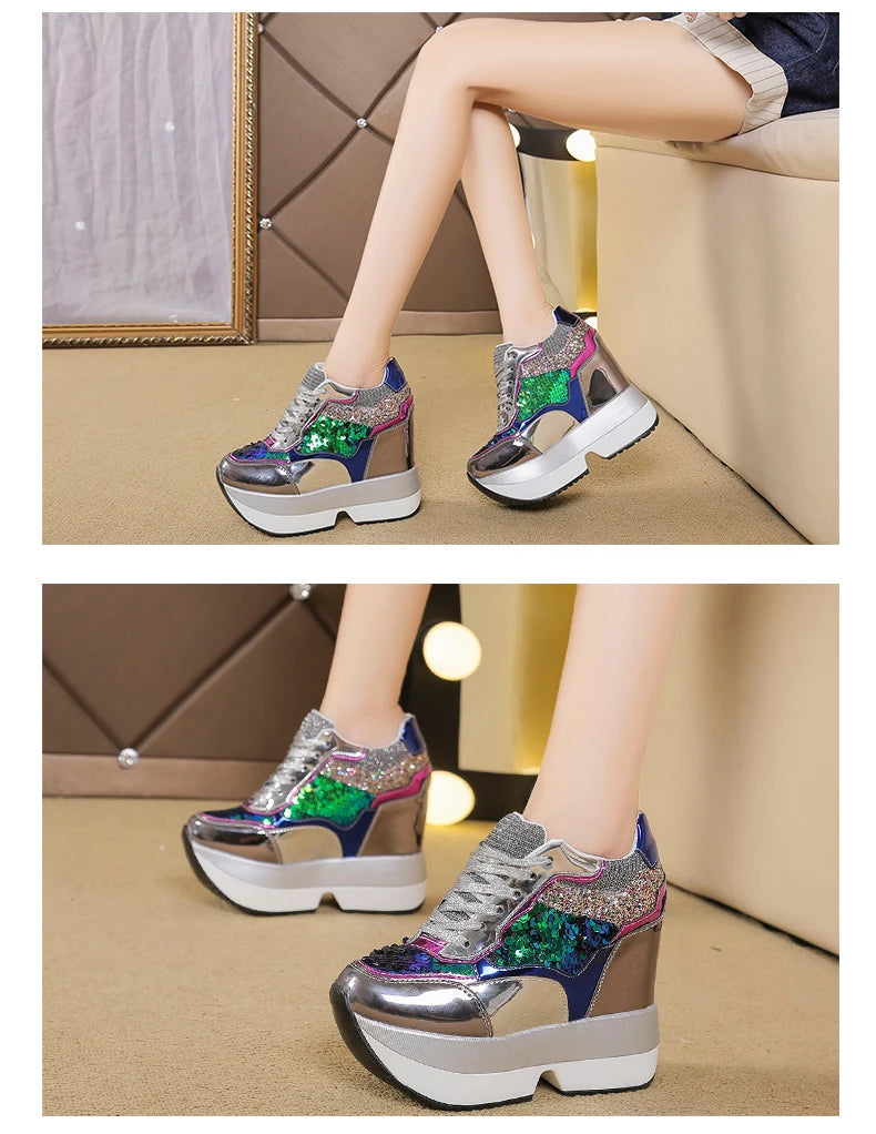 Fashion White Sneakers Women's High Platform Casual Shoes Height Increasing Leather Shoes 10 CM Thick Sole Trainers Tennis Sports