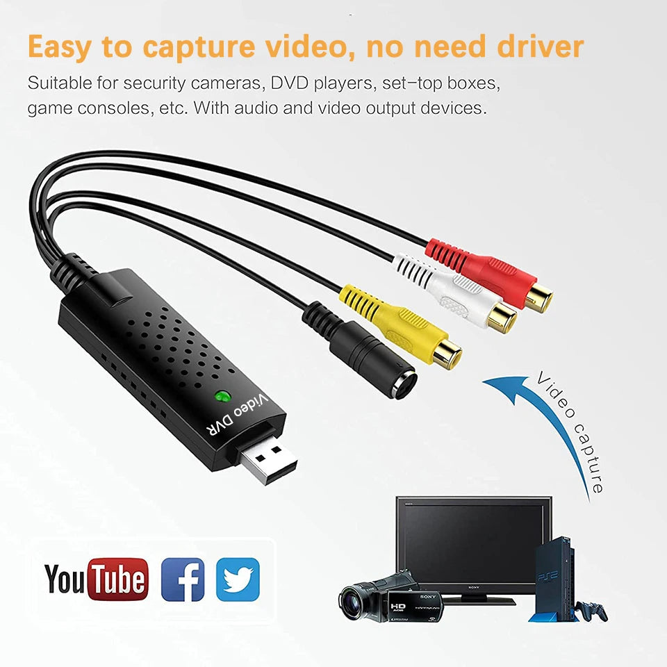 Tarjeta de captura de video USB Easy Cap VHS VCR Mini DV Hi8 Convertidor de DVD a digital RCA/S-video a USB 2.0 Captura de audio y video