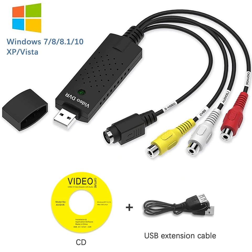 Tarjeta de captura de video USB Easy Cap VHS VCR Mini DV Hi8 Convertidor de DVD a digital RCA/S-video a USB 2.0 Captura de audio y video