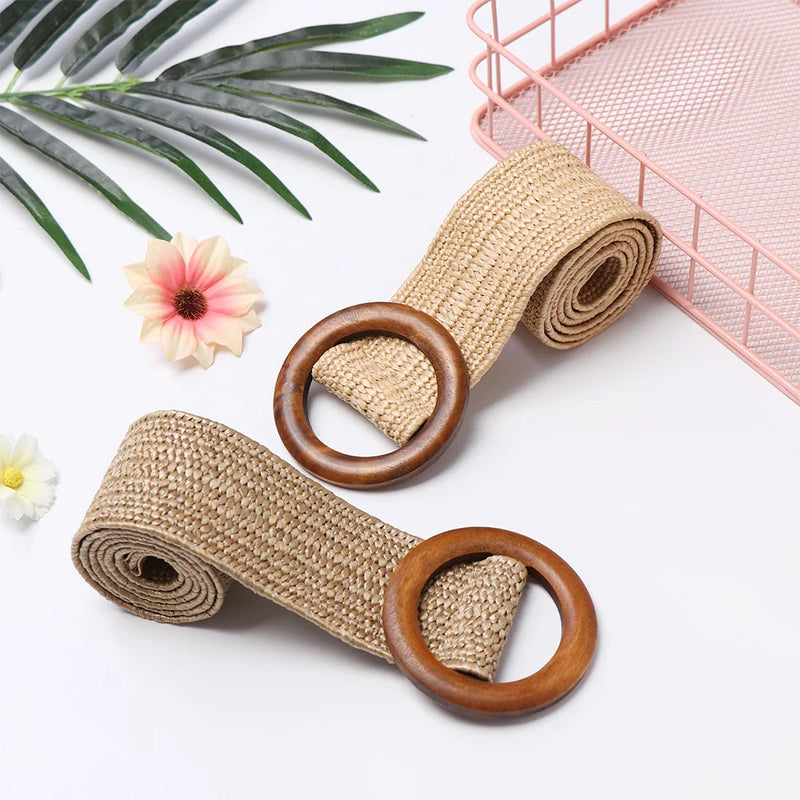 1PC Women Fashion Casual Straw Belt Round Wooden Buckle Elastic Waist Chain Belly Necklace Body Jewelry Dress Shirt Accessories