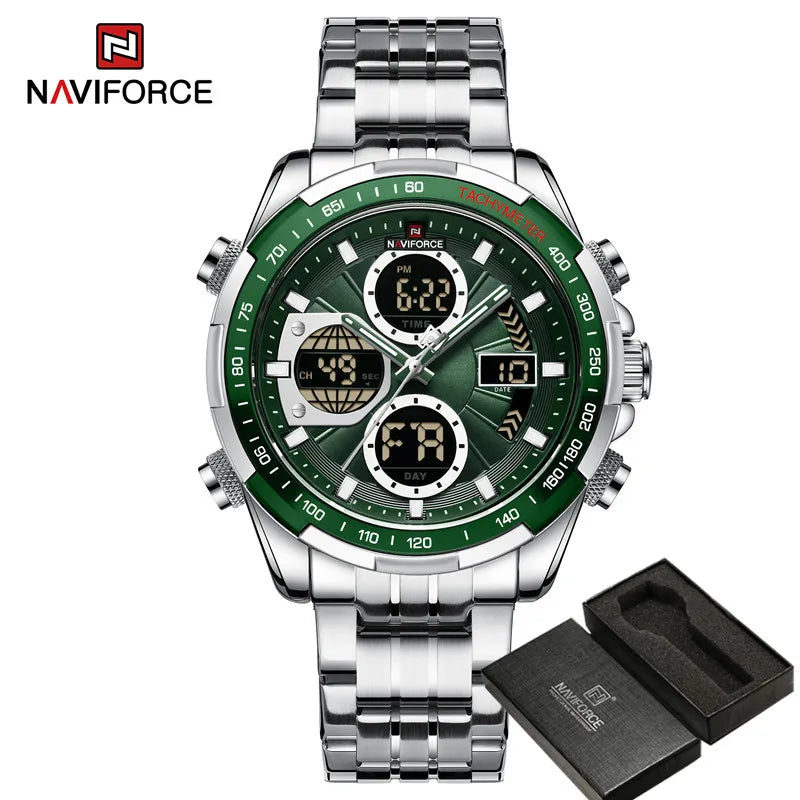 NAVIFORCE Top Brand Luxury Classic Men Watch Quartz Digital Male Clock Military Sport Silver Stainless Steel Man Wristwatch 9197
