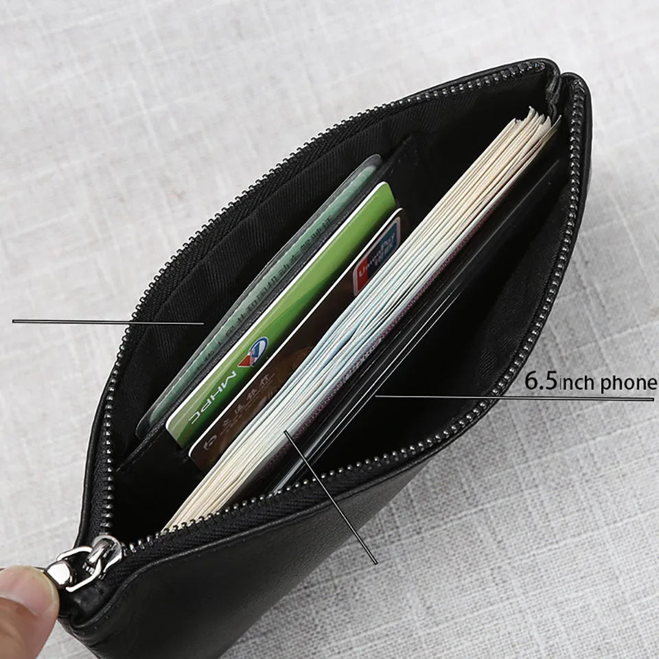 ZRCX Men's Genuine Leather Long Zipper Wallet First Layer Cowhide Youth Ultra-Thin Handbag Wallet Trendy Brand Simple Wallet