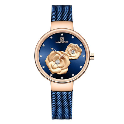 Reloj para mujer NAVIFORCE, marca de lujo superior, malla de acero, resistente al agua, relojes para mujer, reloj de pulsera femenino de cuarzo con flores, reloj encantador para chica.