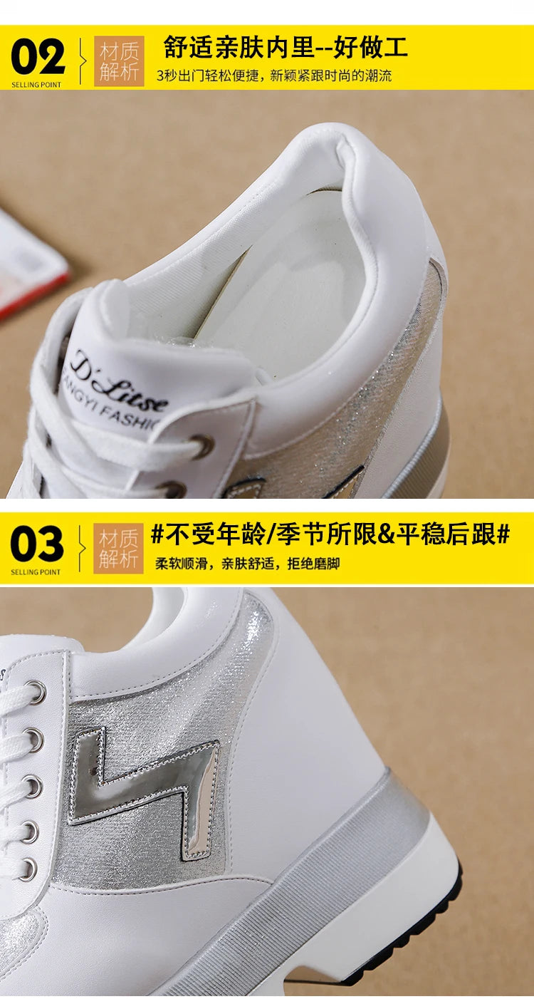 Fashion White Sneakers Women's High Platform Casual Shoes Height Increasi Leathe Shoes 10 CM Thick Sole Trainers Tennis Sports