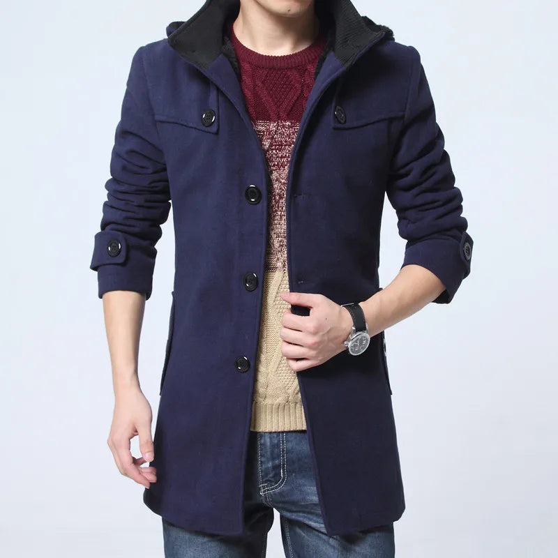 Men's Fleece Hooded Thick Wool Winter Coat 2023 Brand New Long Wool Trench Coat Men Casual Pocket Overcoat with Removable Hood