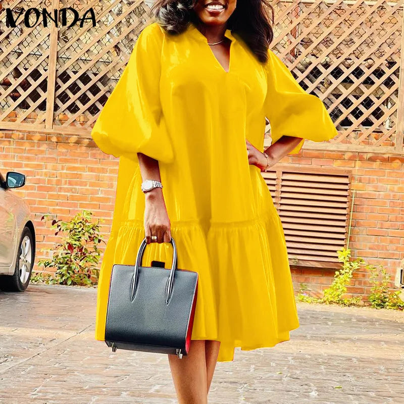 Plus Size 5XL VONDA 2024 Summer Dress Bohemian Women Short Lantern Sleeve Satin Mini Vestido V Neck Solid Elegant Party Sundress