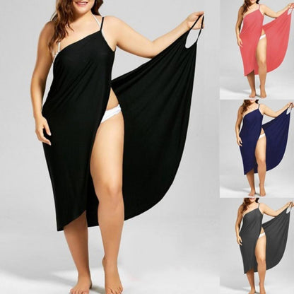 Vestidos de verano de playa de color liso para mujer, vestidos casuales sexis con cuello halter y mangas largas, vestidos de toalla sueltos, tallas grandes S-5XL