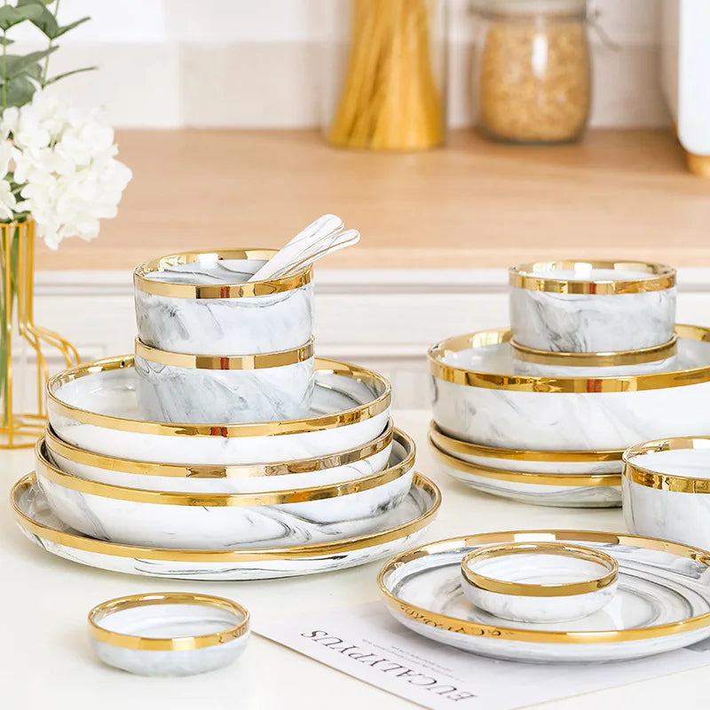 New Double-sided Gilt Rim Gray Marble Pattern Gilt Rim Porcelain Dinner Plate Set  Salad Noodles Bowl Ceramic Tableware