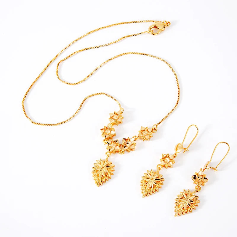 Dubai Jewelry Sets for Women 18k Gold Color Love Ethiopian African Heart Necklace Earrings Sets Arab Bridal Dowry Jewelry