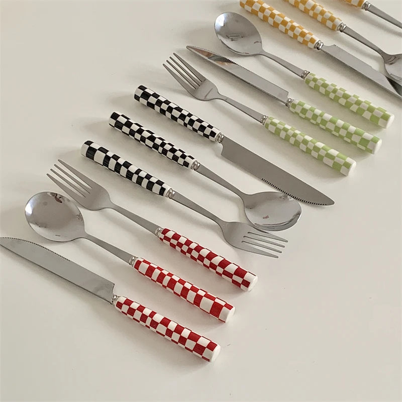 Ins Style Dessert Steak Stainless Steel Knife Fork Spoon Kitchen Dinnerware Checkerboard Lattice Glossy Ceramic Handle 3pcs/set