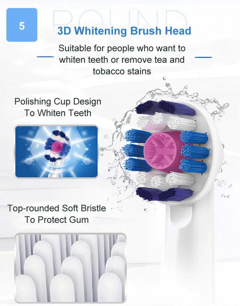 Cepillo de dientes eléctrico Oral B para adultos, recargable, con rotación, blanqueamiento 3D y cabezales de regalo.