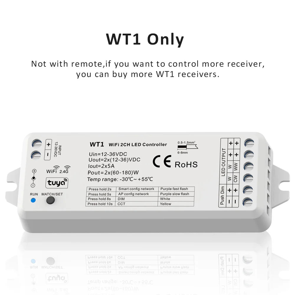 Tuya CCT LED Strip Dimmer Switch 12V DC Wireless 2.4G RF WW CW Controller Work with Smart Life Google Assistant 2 Channel WT1