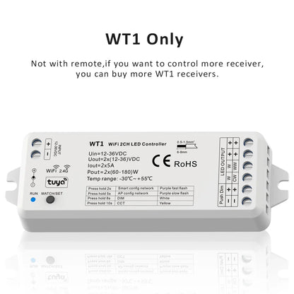Tuya CCT LED Strip Dimmer Switch 12V DC Wireless 2.4G RF WW CW Controller Work with Smart Life Google Assistant 2 Channel WT1