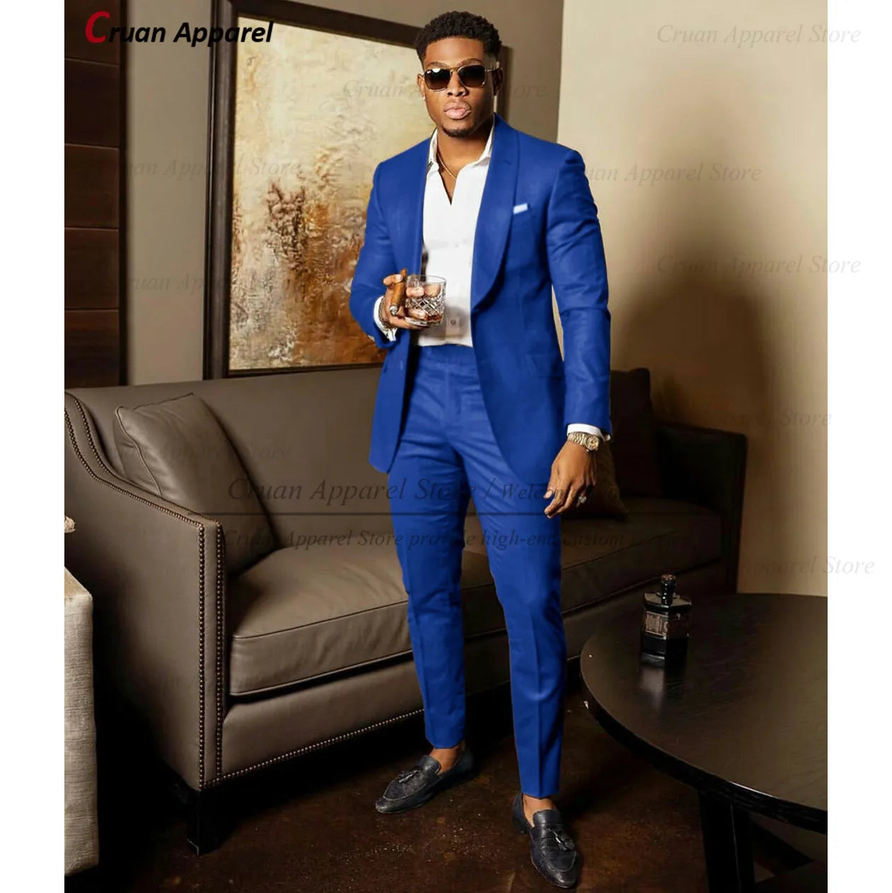 Blue Shawl Lapel Suit Male 2 Pieces Tailored Groom Wedding Suits Tuxedo Best Man Blazer Pants Trendy Fashion Marriage Costume