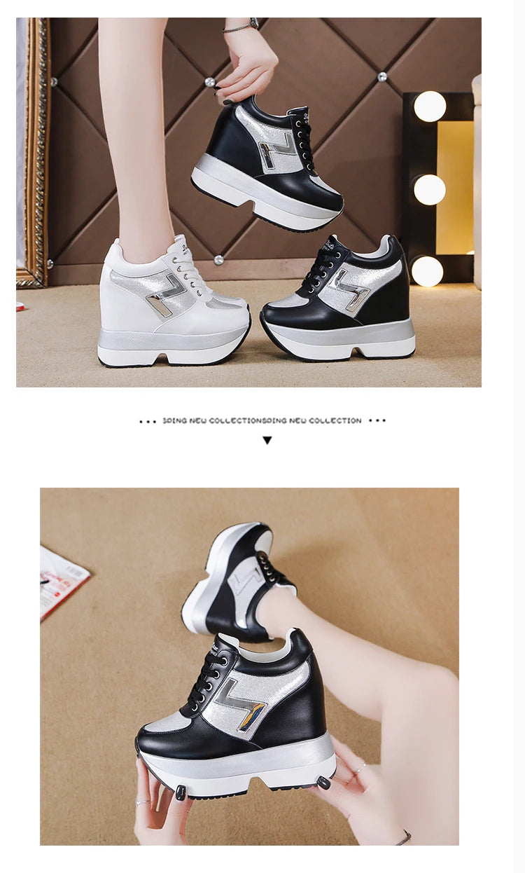 Fashion White Sneakers Women's High Platform Casual Shoes Height Increasing Leather Shoes 10 CM Thick Sole Trainers Tennis Sports